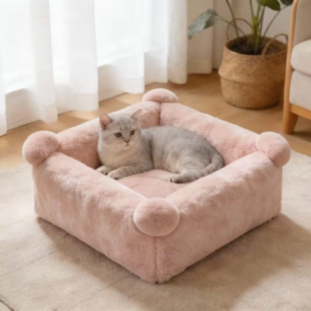 Pom-Pom Pet Bed for Cats - Pink, Plush, Soft Cushion, Cute Design, All-Season
