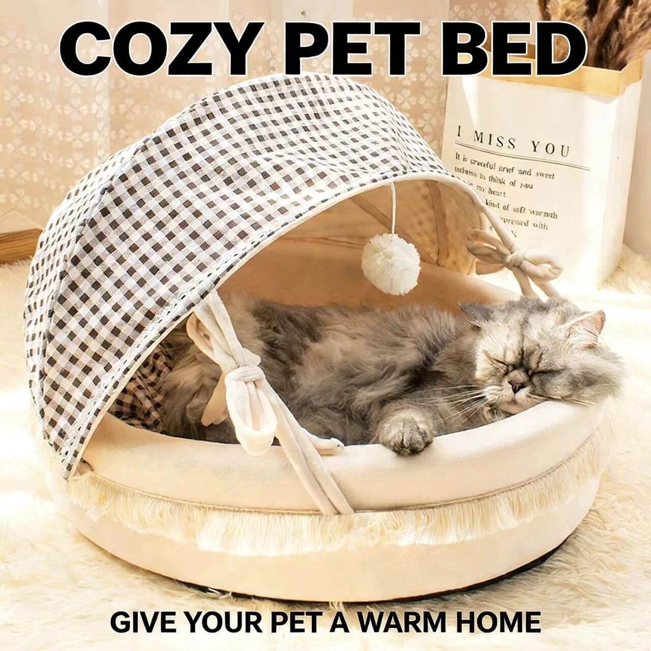 Indoor Cat Lounger - Soft Plush, Fringe Trim, Checkered Pattern