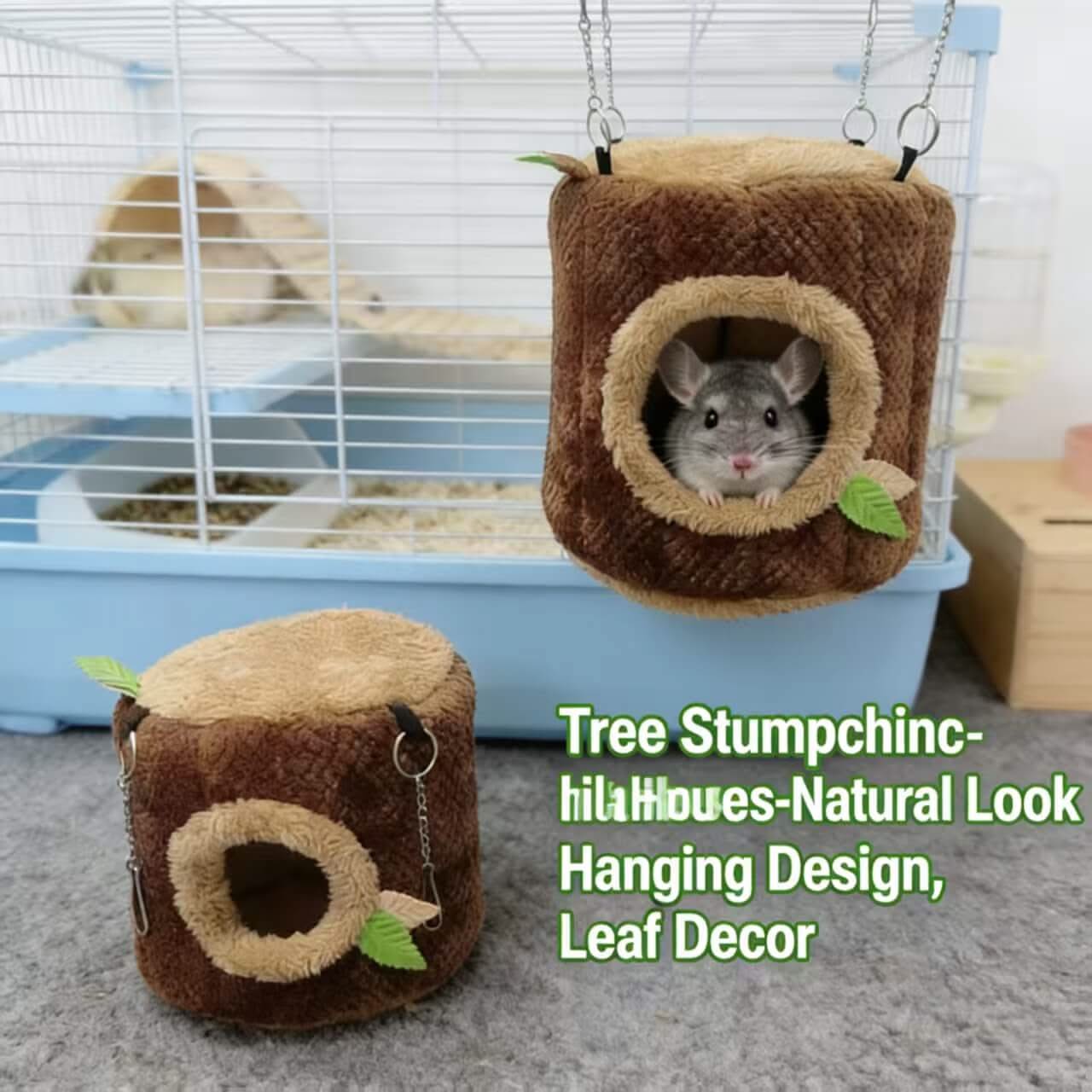 Natural-Look Chinchilla House for Chinchillas - Tree Stump Shape, Hanging Design, Leaf Decor, Brown