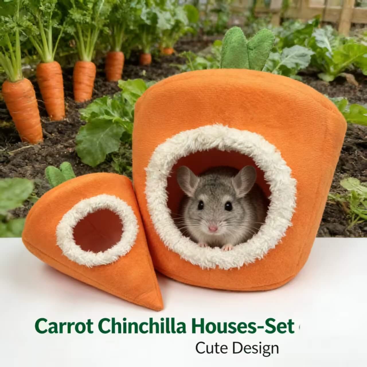 Cute 2-Piece Chinchilla House for Chinchillas - Carrot Shape, Orange, Plush Lining