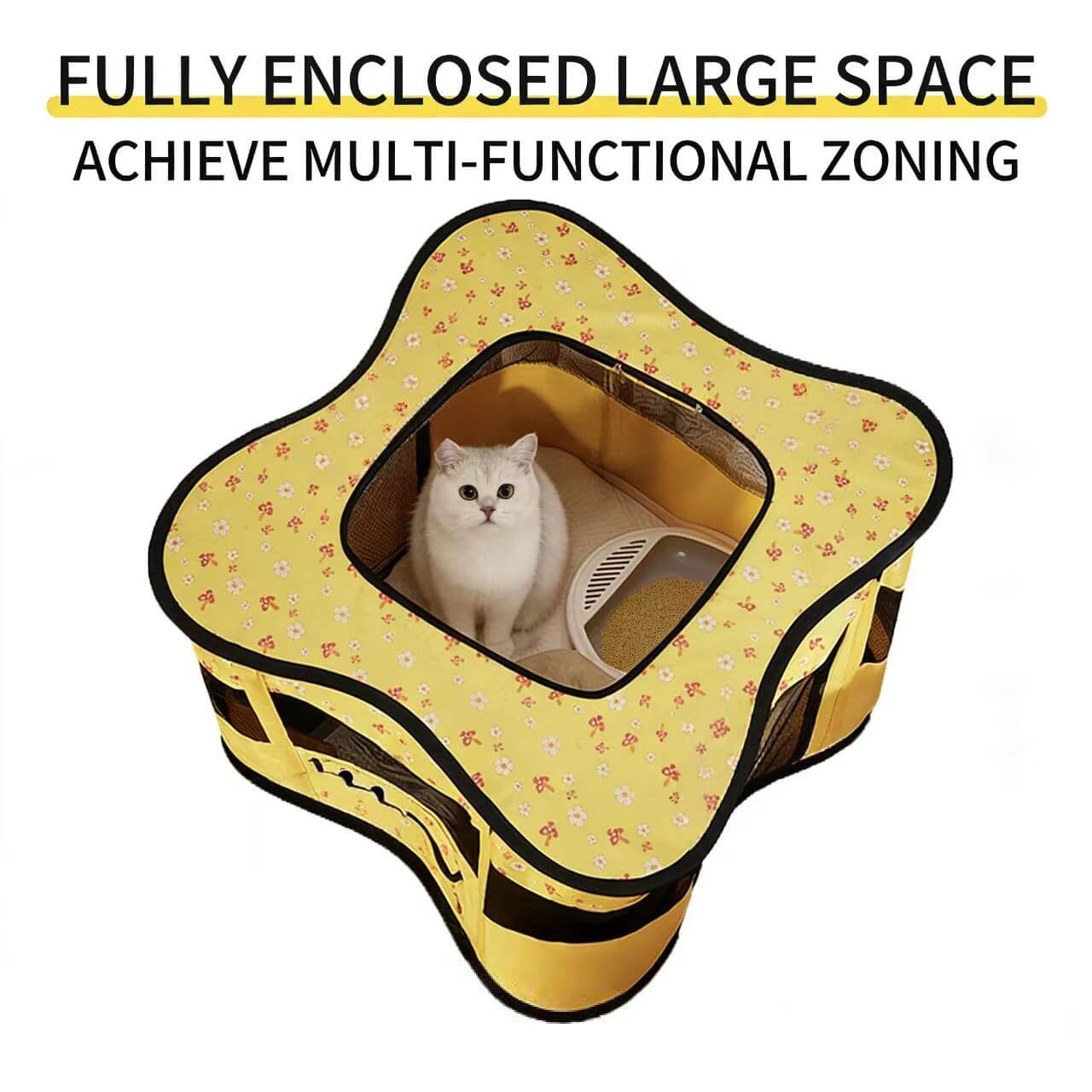 Portable Foldable Pet Playpen - Breathable Mesh, Floral Print, Yellow