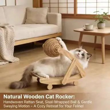 Swing Cat Scratcher Set: Rope Ball, Sisal Bed, Wooden Frame (Natural Beige)