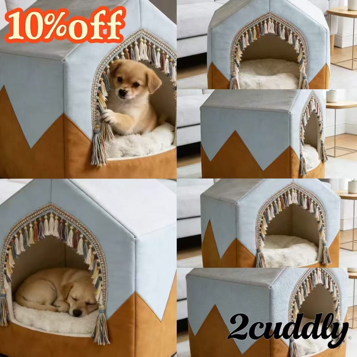 Dog Bed, Nautical House Type, Breathable Material, Blue/Brown, Tassel Trim