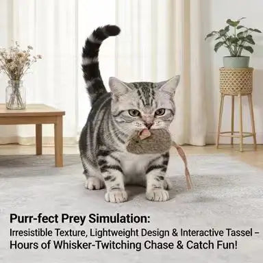 Interactive Hunting Plush Cat Toy: Mouse Shape, Brown Furry & Tail Design