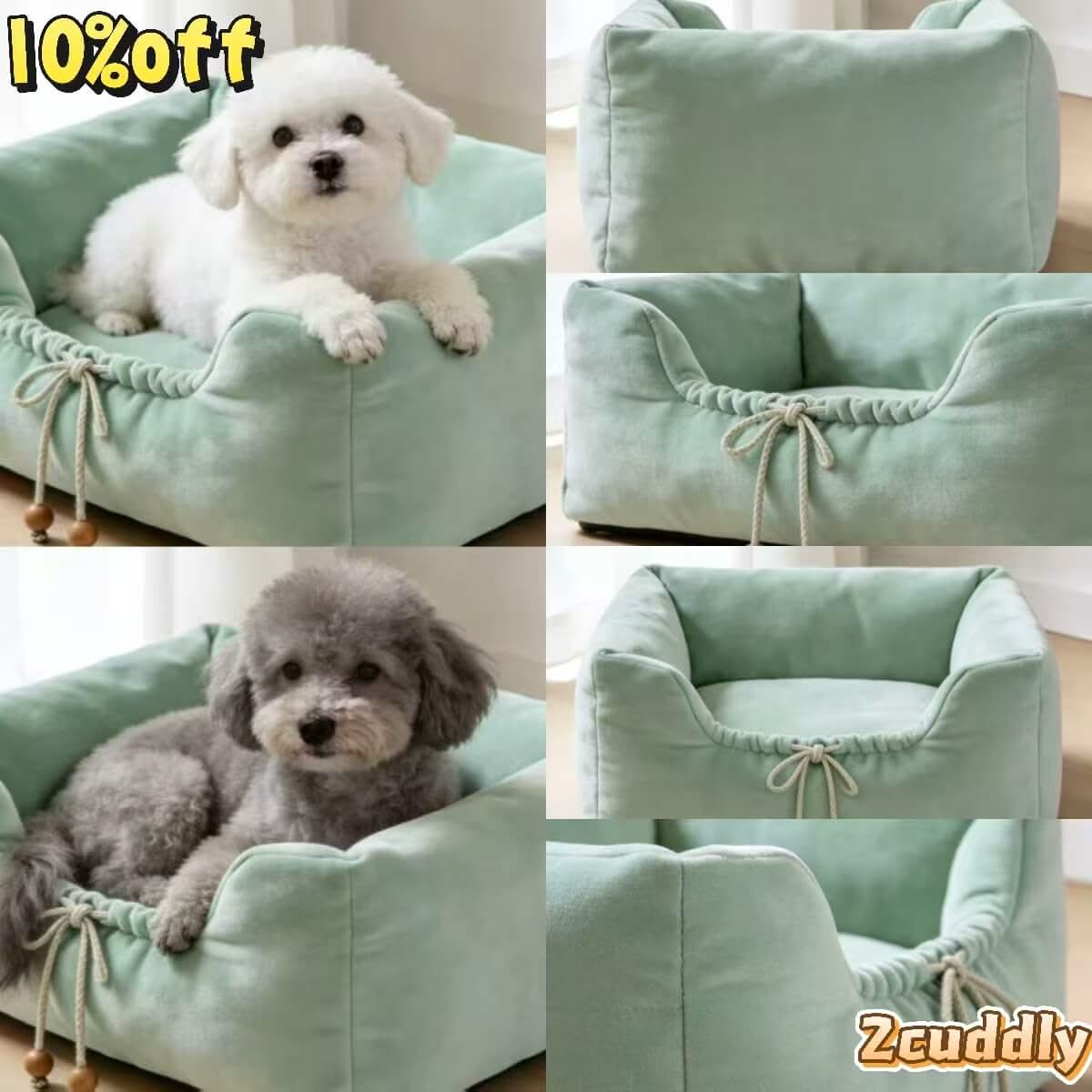 Tea-House Pet Bed for Dogs - Square, Mint Velvet, Tassels, Soft Plush, Zen Aesthetic