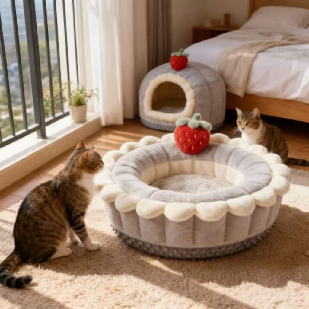 Adorable Cake-Shaped Pet Bed for Cats- Strawberry Decor, Plush Fabric, Gray-White, All-Season