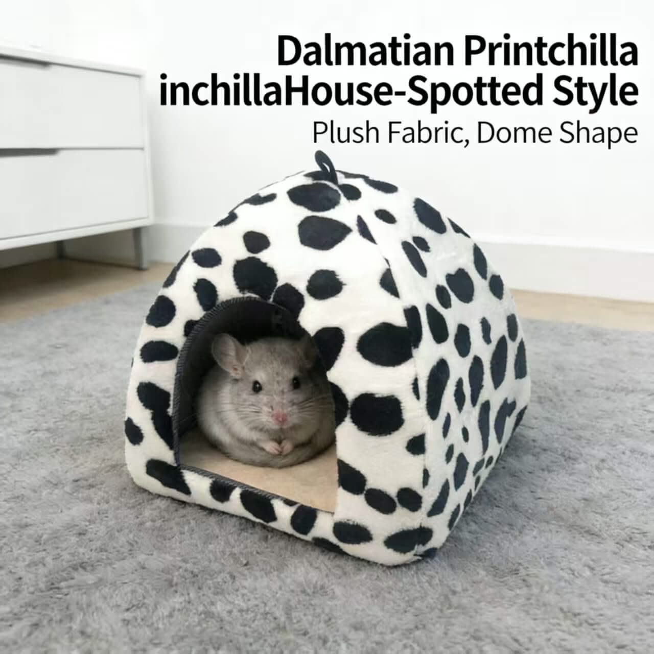 Spotted-Style Chinchilla House for Chinchillas - Dalmatian Print, Plush Fabric, Dome Shape, Black-White