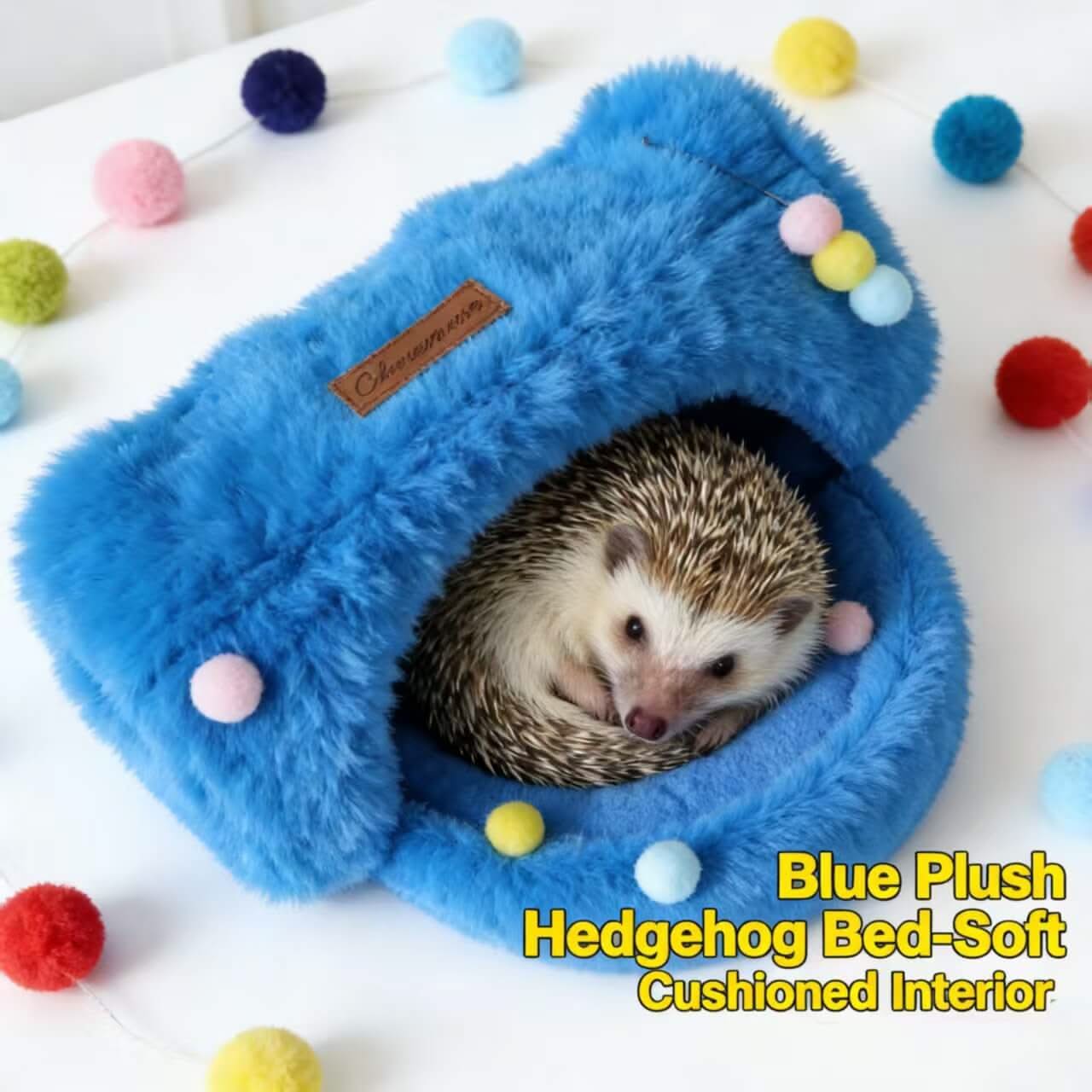 Soft Blue Plush Hedgehog Bed: Cushioned Interior & Pom-pom Decor for Hedgehogs