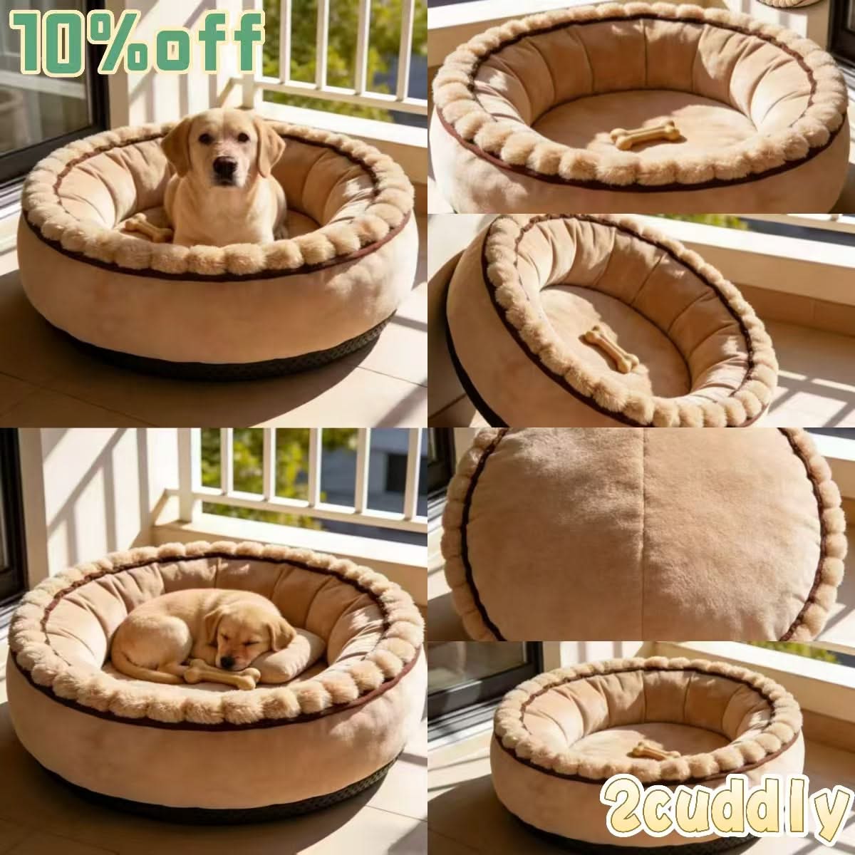 Zen-Style Pet Bed for Dogs - Beige, Round, Furry Trim, Cozy Cushion