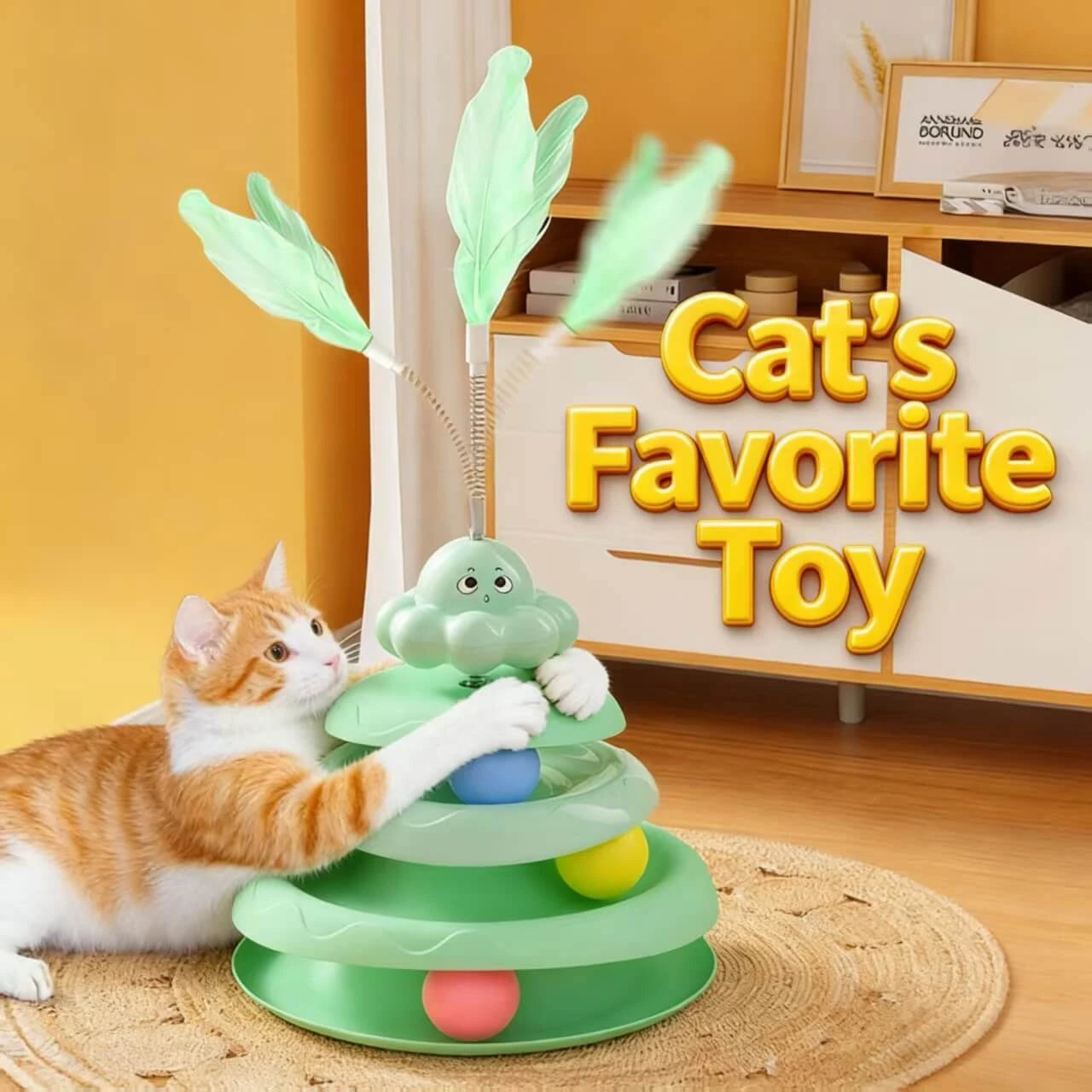 Automatic Interactive Cat Toy Tower - 4-Tier Track Balls, Feather Teaser, Green