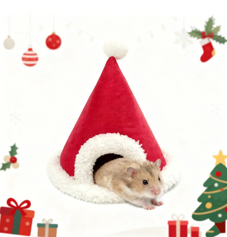 Festive-Warmth Hamster House for Hamsters - Christmas Hat Shape, Red-White, Plush Trim