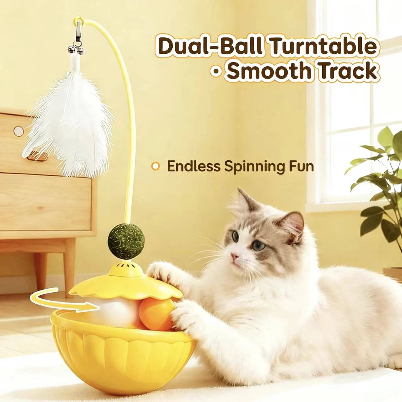 3-in-1 Cat Play Toy - Tumbler Base, Feather Wand & Rolling Balls, Yellow