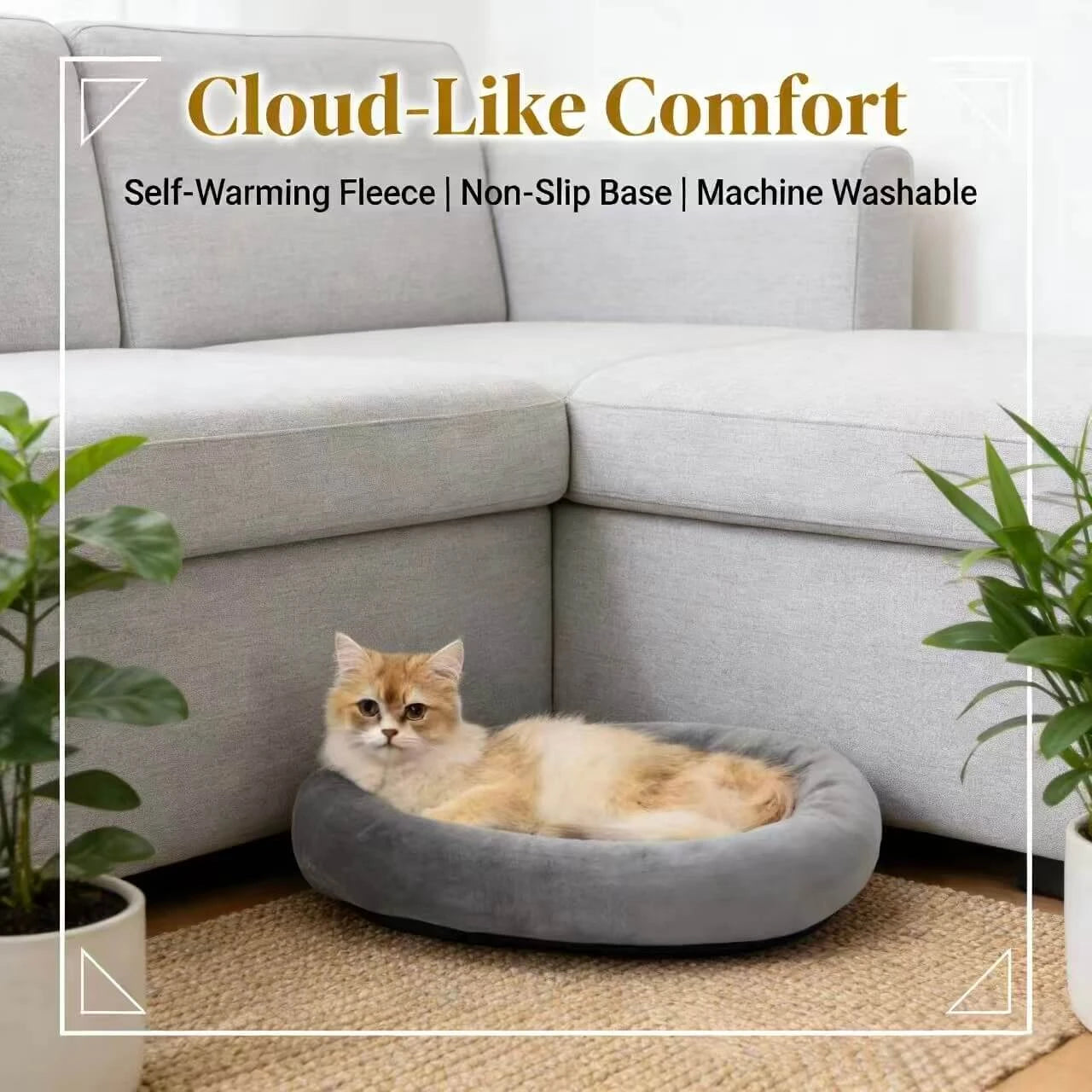 Soft Calming Pet Bed for Cats - Donut Design, Plush Material, Grey Round Nest