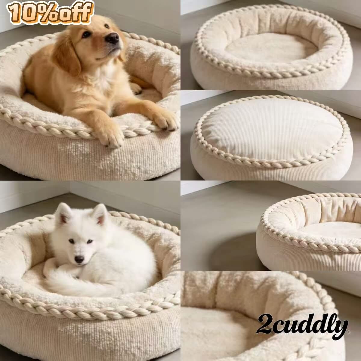 Braided-Rim Pet Bed for Dogs - Beige, Corduroy Surface, Plush Interior