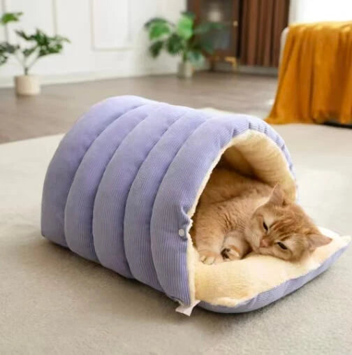 Indoor Cat Hideout Bed - Plush Lining, Cute Caterpillar Shape