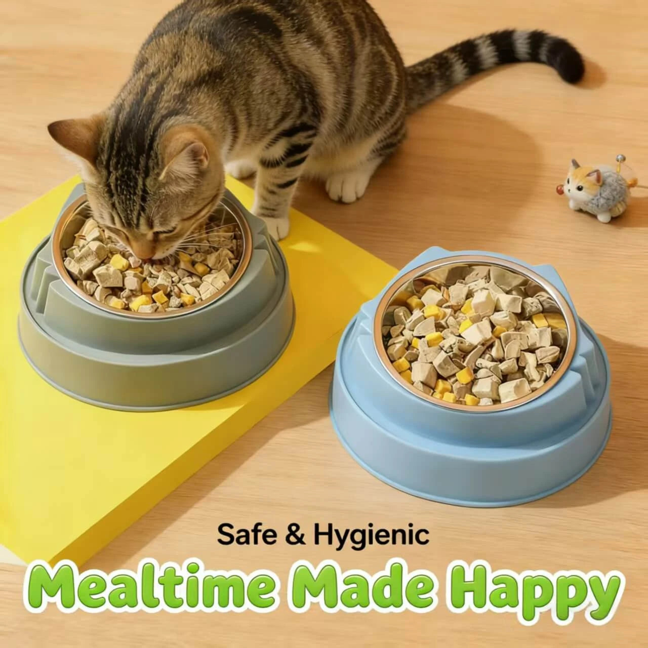 Non-Slip Stainless Steel Cat Bowl - Premium Feeder, Green & Blue