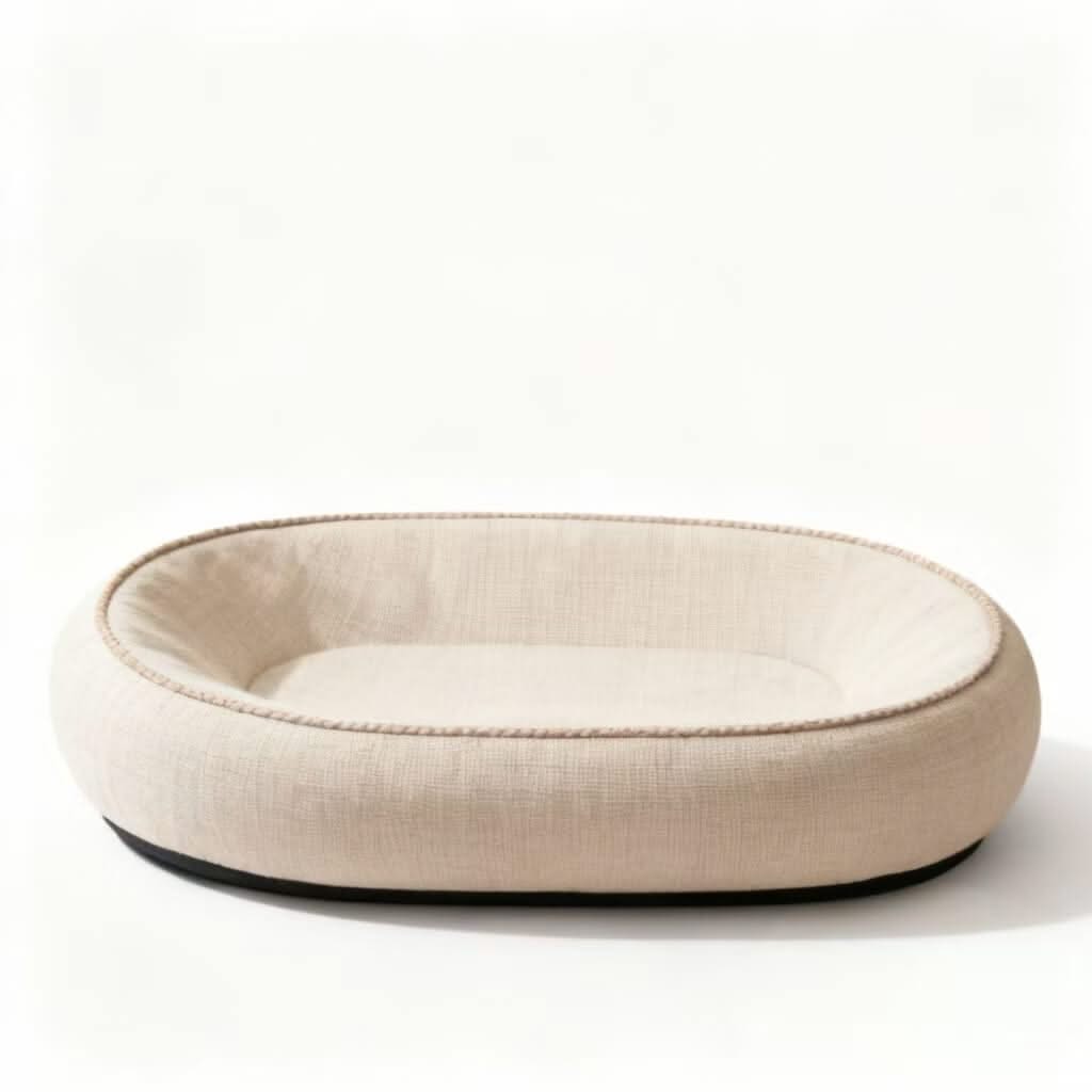 Oval Pet Bed for Cats - Beige, Soft Fabric, Comfortable Cushion, All-Season