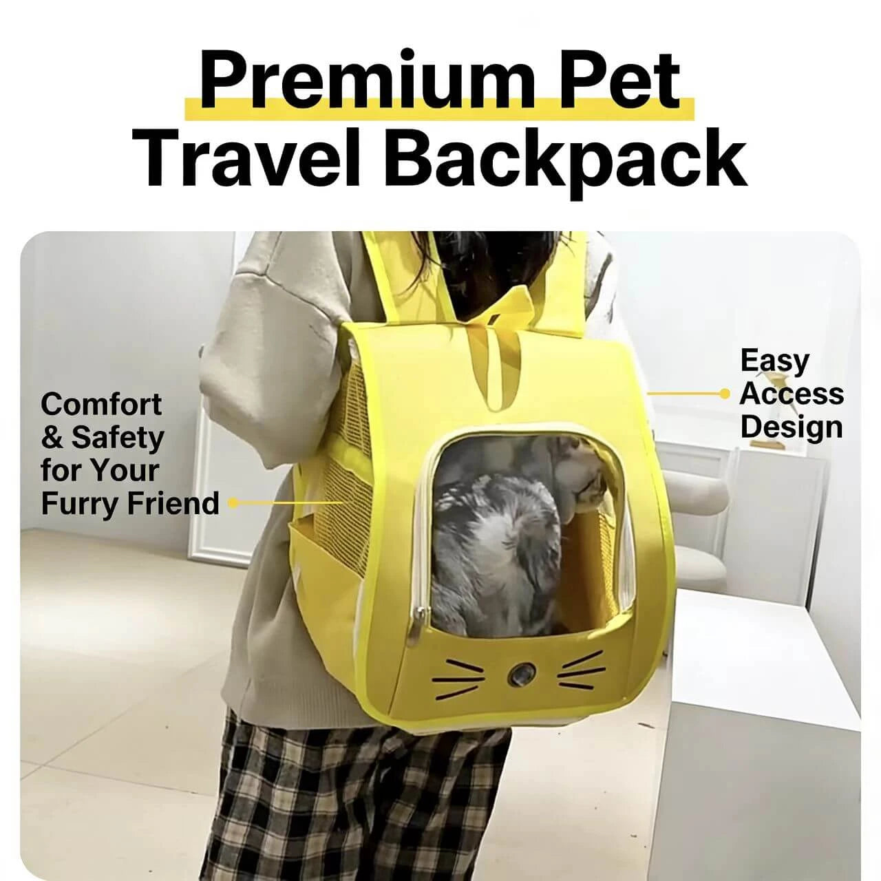 Travel Cat Backpack - Transparent Window, Lightweight, Yellow