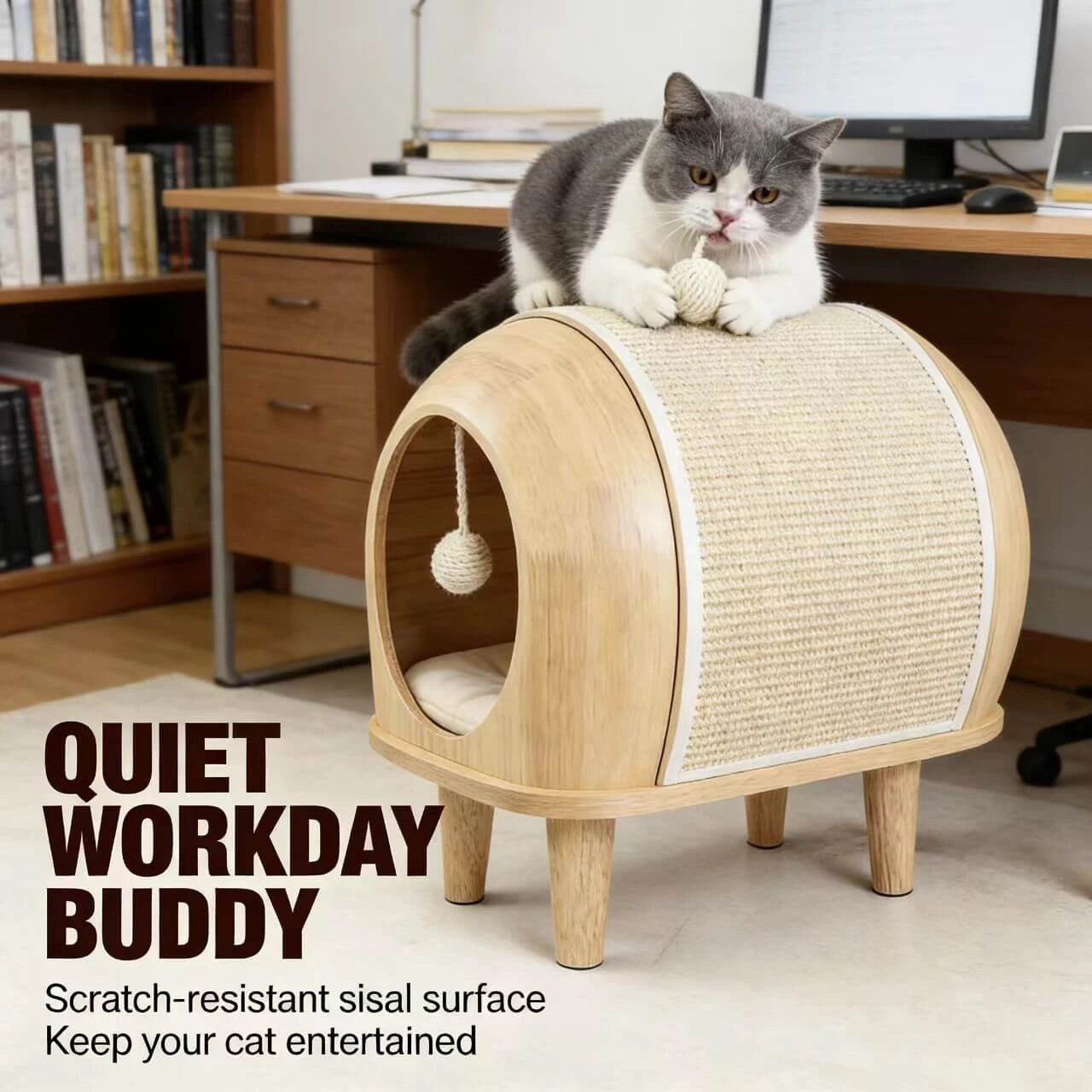 Modern Cat Cave with Sisal Scratcher - Elevated Legs, Interactive Toy, Premium Pet Furniture