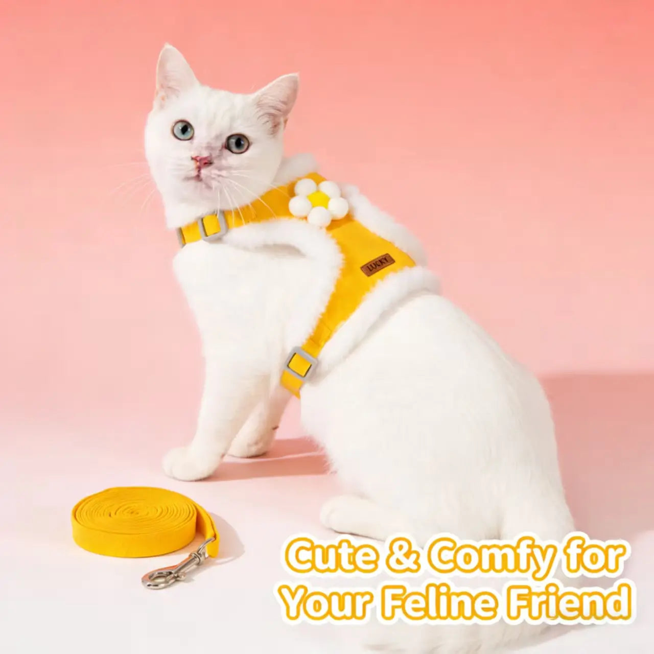 Escape-Proof Cat Harness & Leash: Faux Fur Trim, Daisy Accent