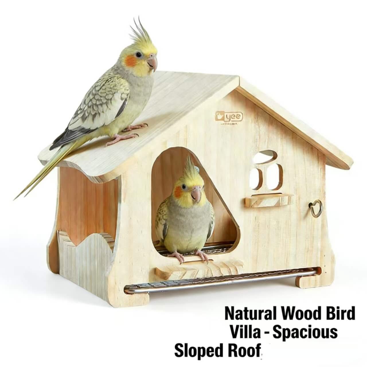 Spacious Natural Wood Bird Villa: Sloped Roof Nest for Parrots
