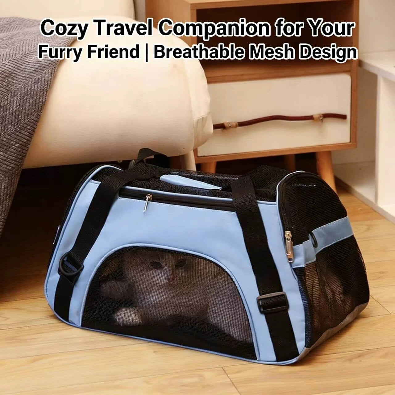 Travel Pet Carrier Tote - Adjustable Strap, Durable Fabric, Blue & Black