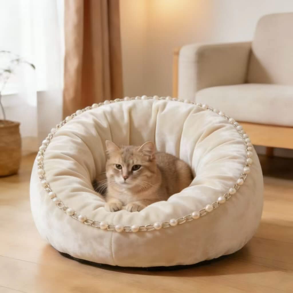 Luxury Pearl-Chain Pet Bed for Cats - Velvet, Cream, Round, Soft Cushion, All-Season