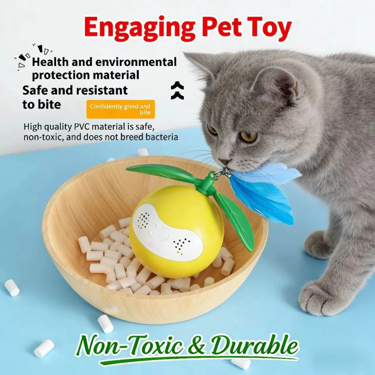 Durable Cat Chew Toy - Lemon Design, Feather Teaser, Non-Toxic PVC, Yellow