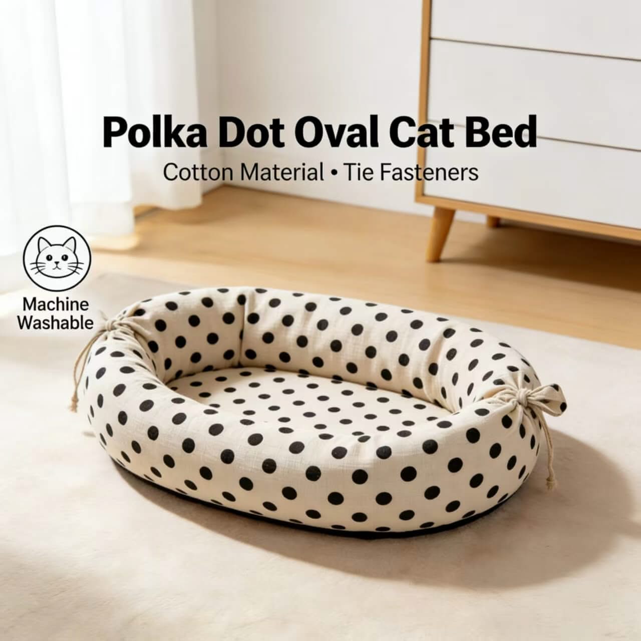 Polka Dot Oval Cat Bed , Cotton Tie Fasteners Machine Washable Black&White for Cats