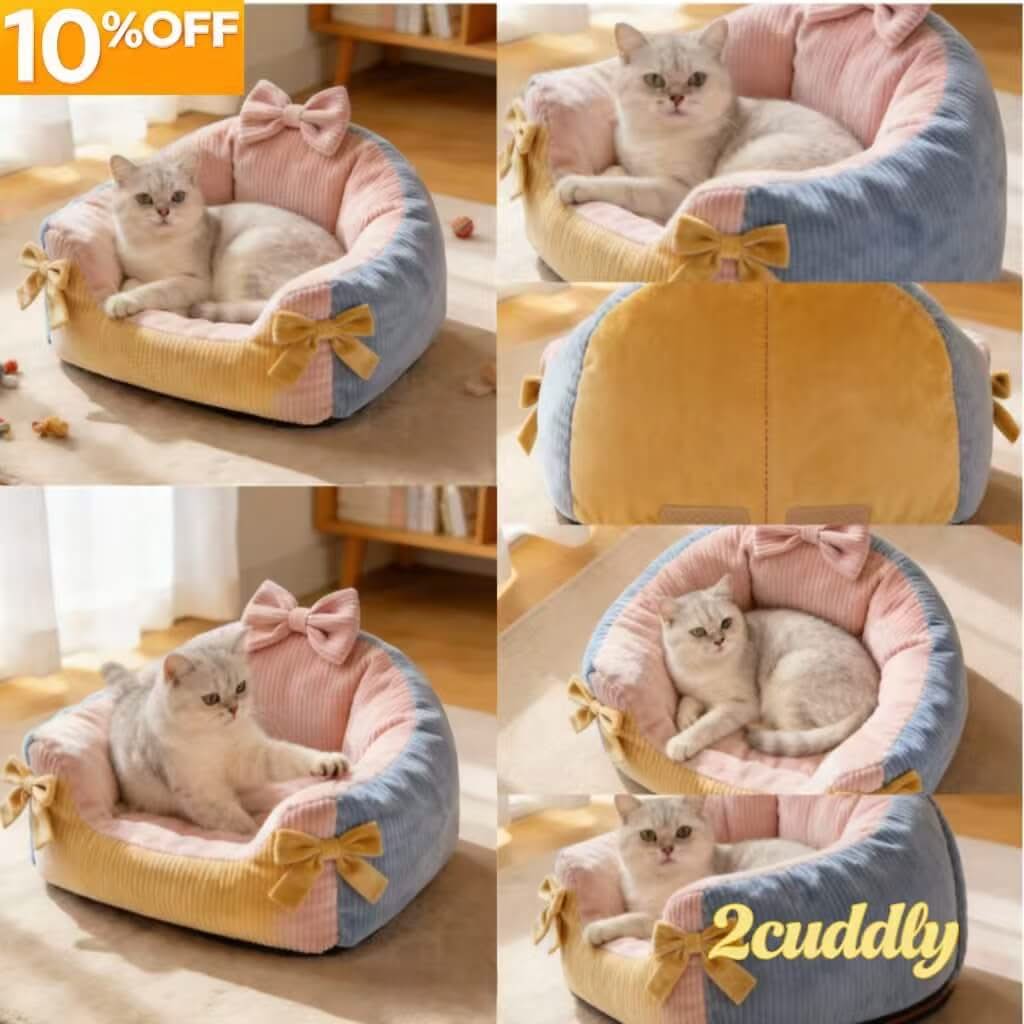 Patchwork Ribbed Pet Bed for Cats - Pink-Blue-Yellow, Bow Decor, Soft Cushion, All-Season