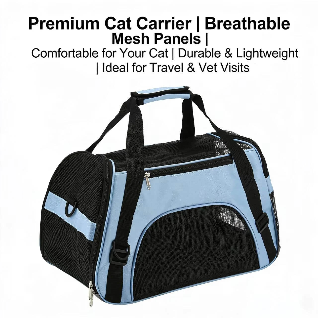 Travel Pet Carrier Tote - Adjustable Strap, Durable Fabric, Blue & Black