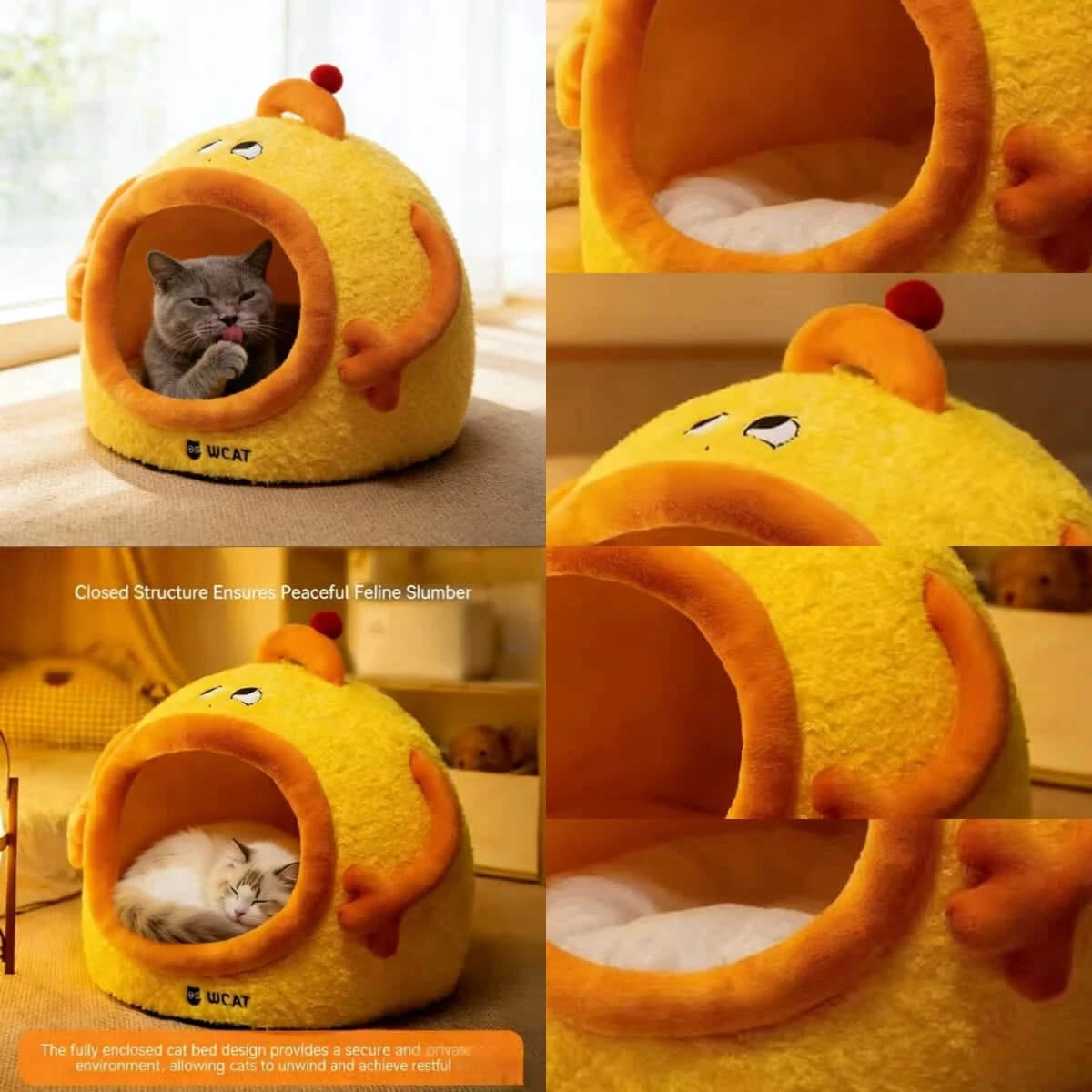 Lazy Cat Bed, Drowsy Eye Accent, Plush Fabric, Orange, Cozy Cave Nest, All-Season