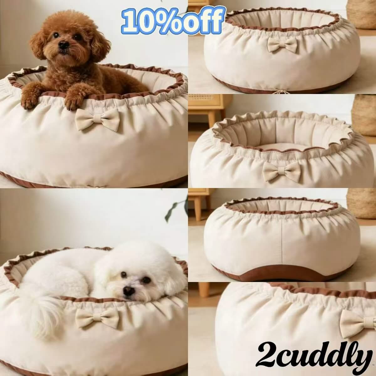 Minimalist Ruffled Pet Bed for Dogs, Round Shape, Beige/Brown, Adjustable Drawstring