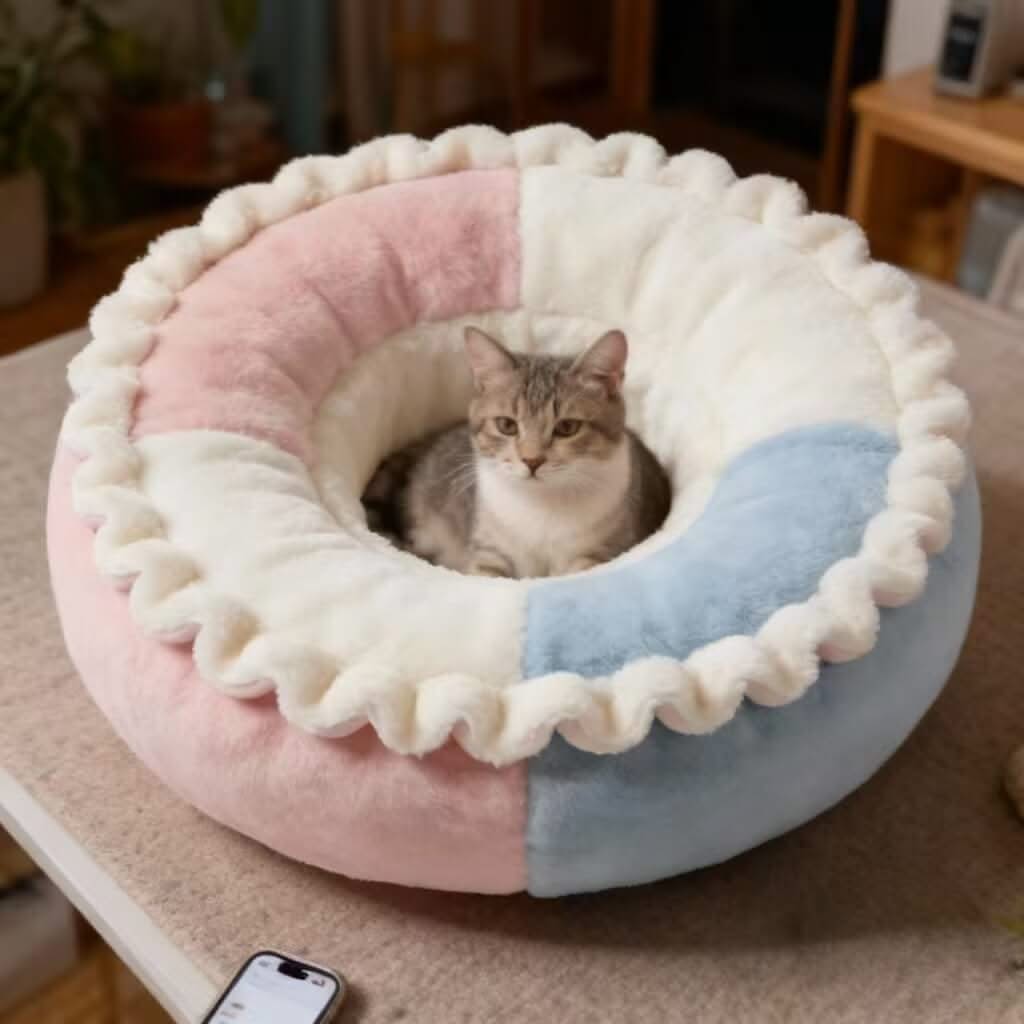 Pastel Ruffled Pet Bed for Cats- Color-Blocked, Plush, Soft Cushion, Pink-Blue-White, All-Season