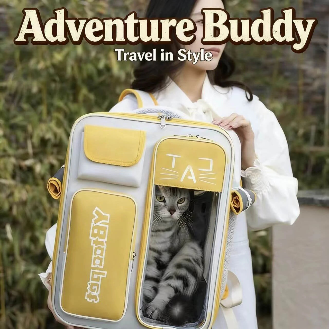 Ventilated Pet Carrier Backpack - Clear Window, Durable, Beige & Blue