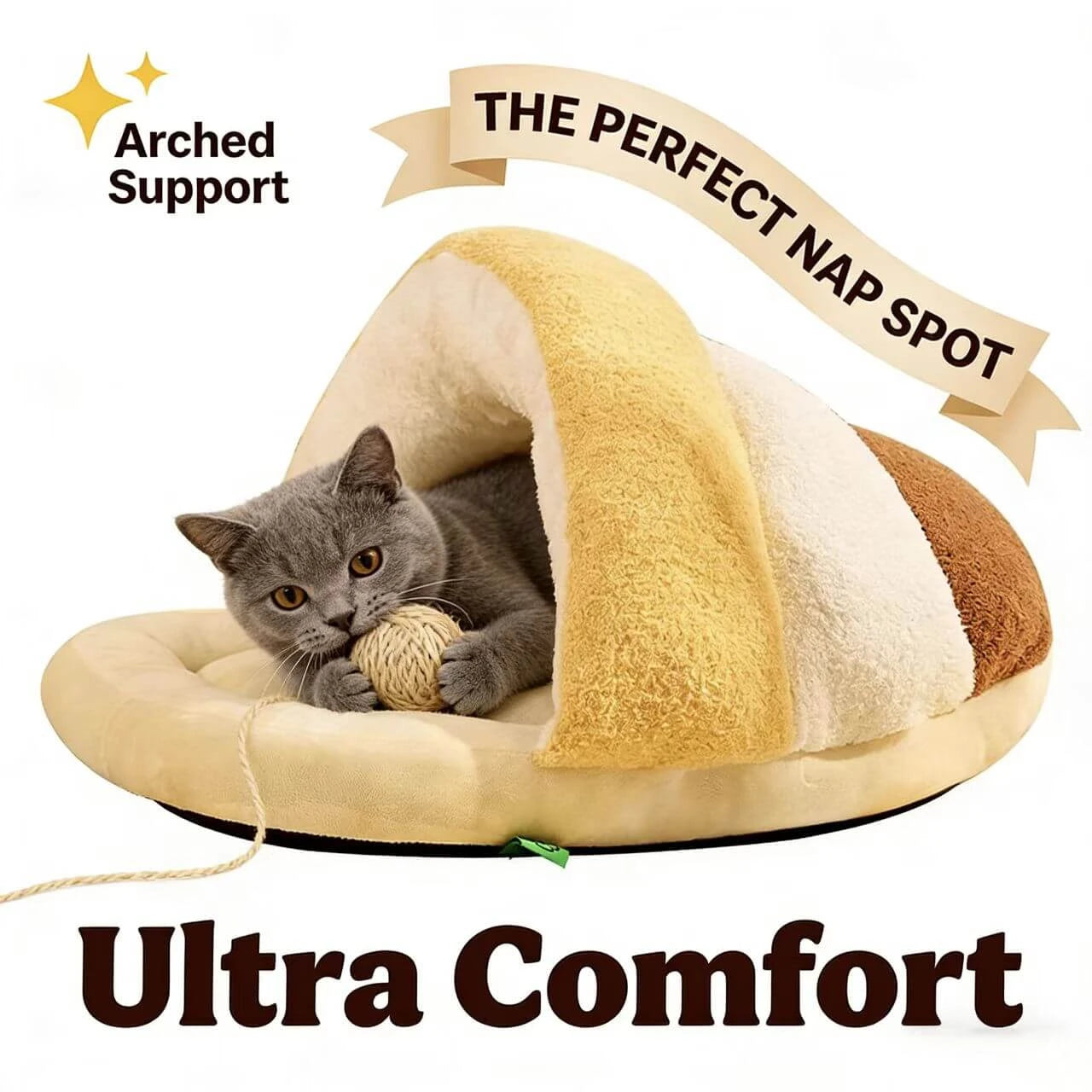 Soft Pet Nest for Cats - Bread Shape, Plush Material, Tri-Color Cozy Rest Bed