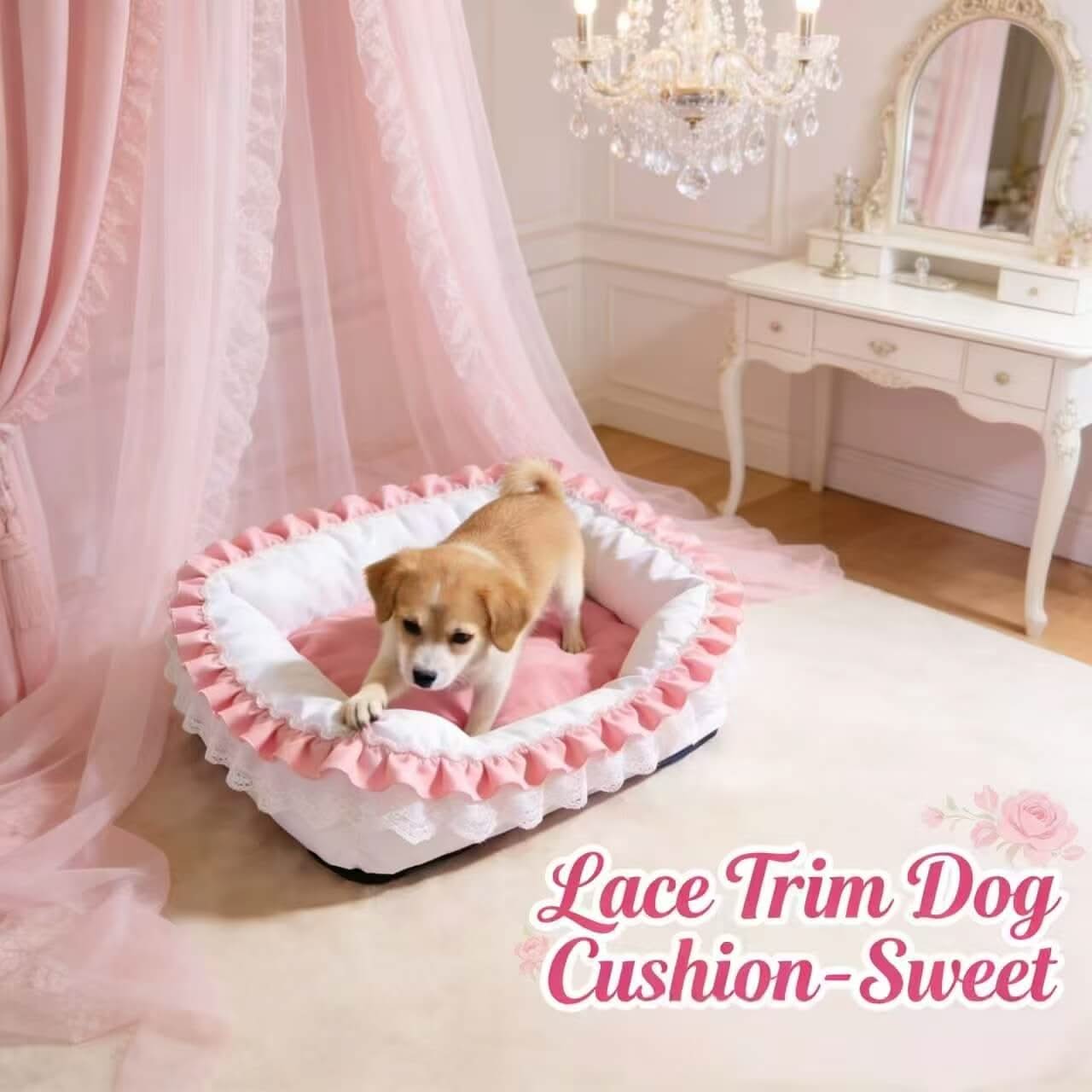 Cuddly Pet Bed for Dogs - Pink-White, Square, Ruffle Lace Decor, Soft Fabric