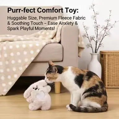 Soft Interactive Plush Cat Toy: Bear Shape, Beige Furry & Knitted Heart Design