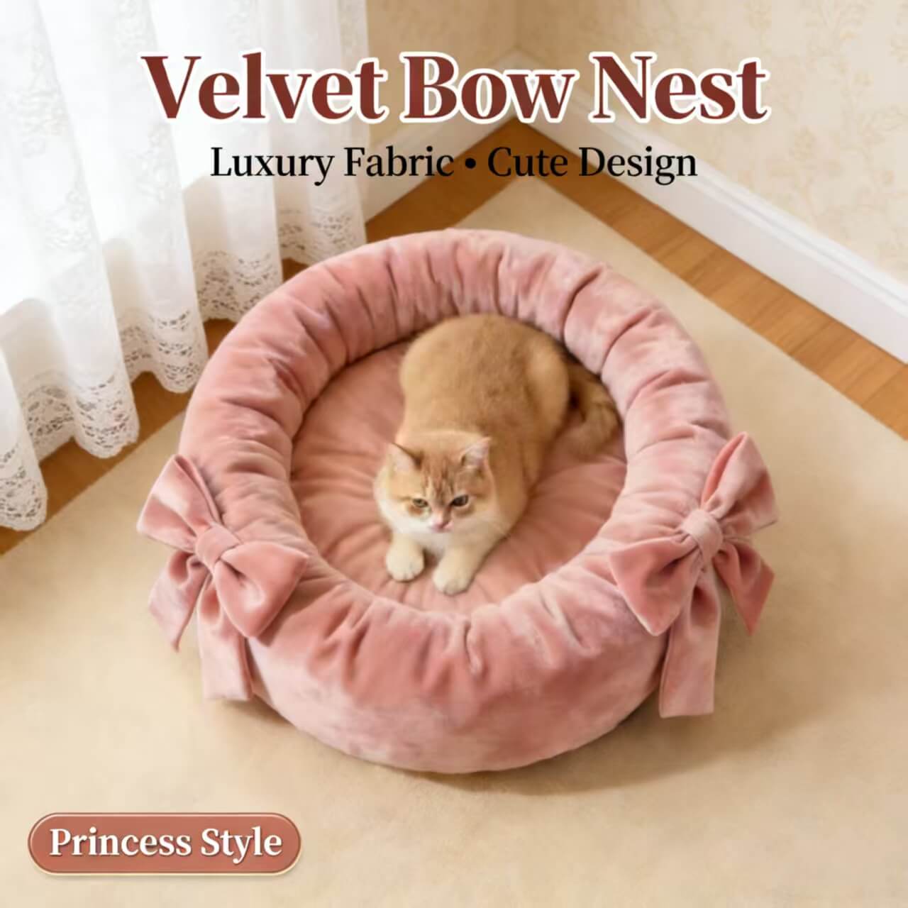 Velvet Pet Bed for Cats - Pink, Round, Bow Decor, Soft Plush