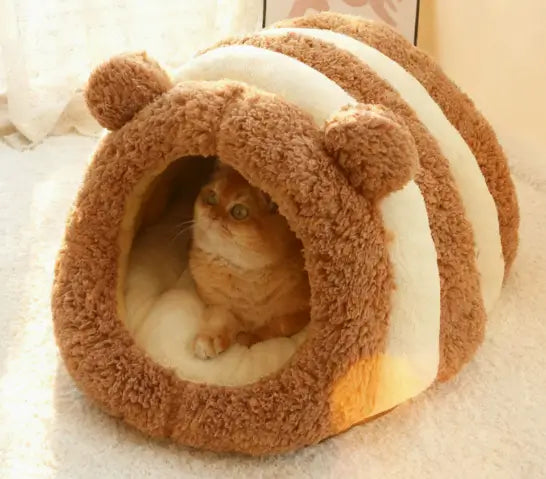 Bear-Ear Cat Bed: Cozy Hideaway, Striped Plush Surface (Brown-Beige)