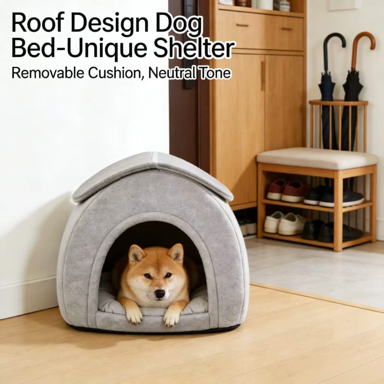 Unique Shelter Pet Bed for Dogs - Roof Design, Removable Cushion, Grey Neutral Tone