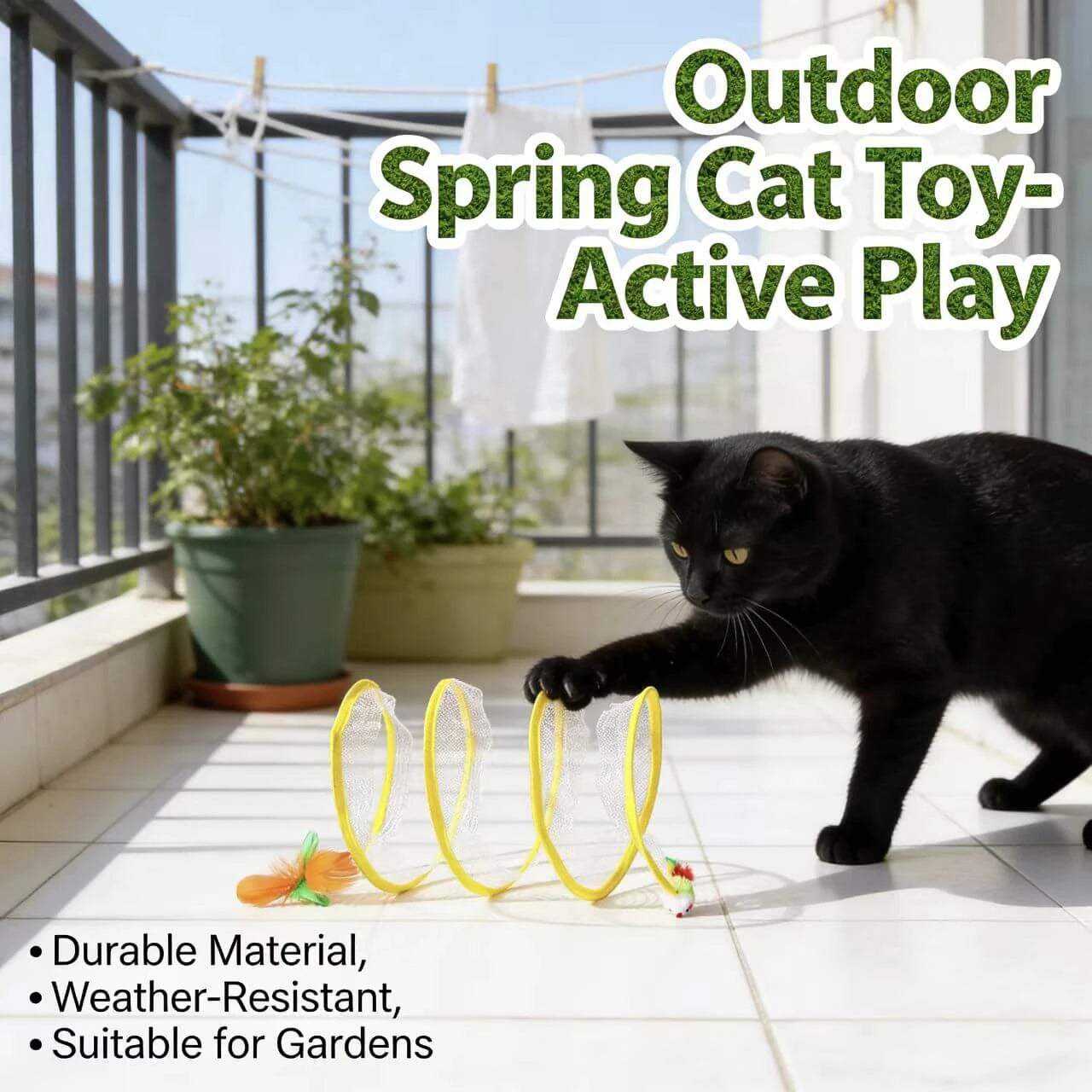 Interactive Cat Play Tunnel - Flexible Spring, Feather Toys, Yellow & Transparent