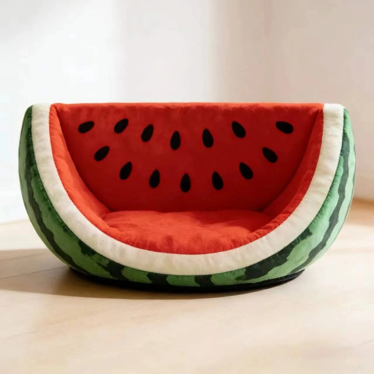 Pet Bed, Watermelon Slice Shape, Fluffy Material, Red/Green, Fruit-Themed Bowl
