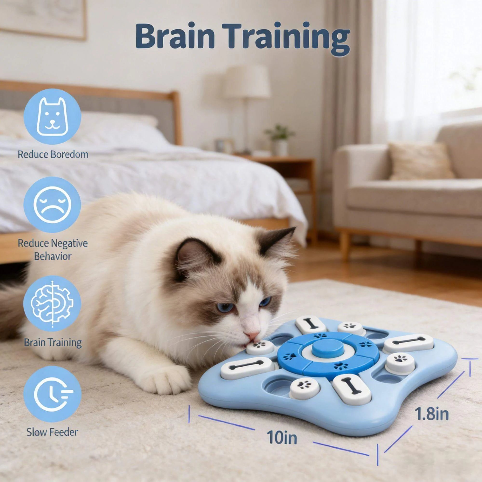 Anti-Boredom Brain Training Cat Puzzle Toy – Slow Feeder, Blue & White