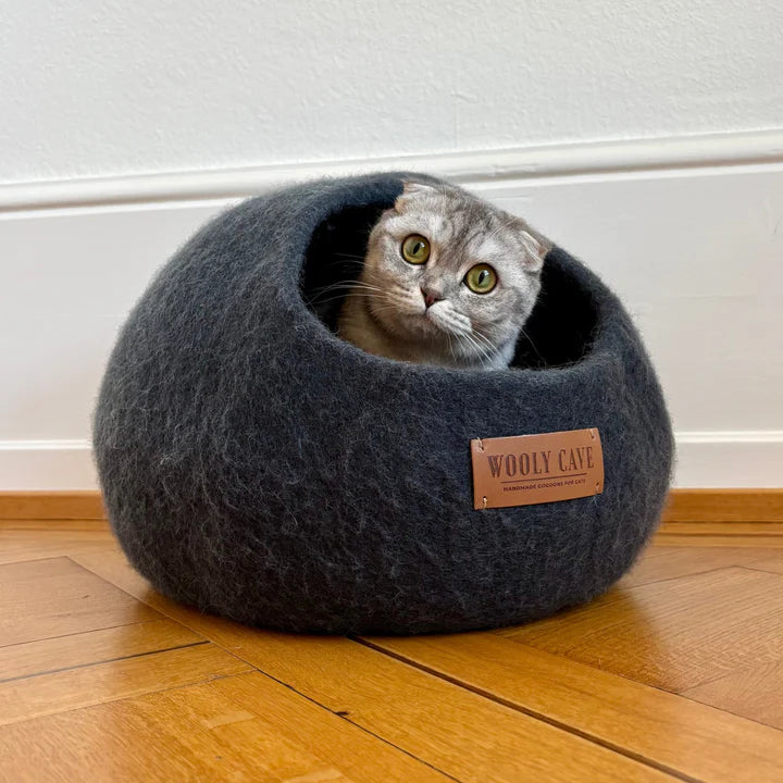 Handmade Wool Felt Cat Cave - Calming Enclosed Bed for Indoor Cats, Natural White