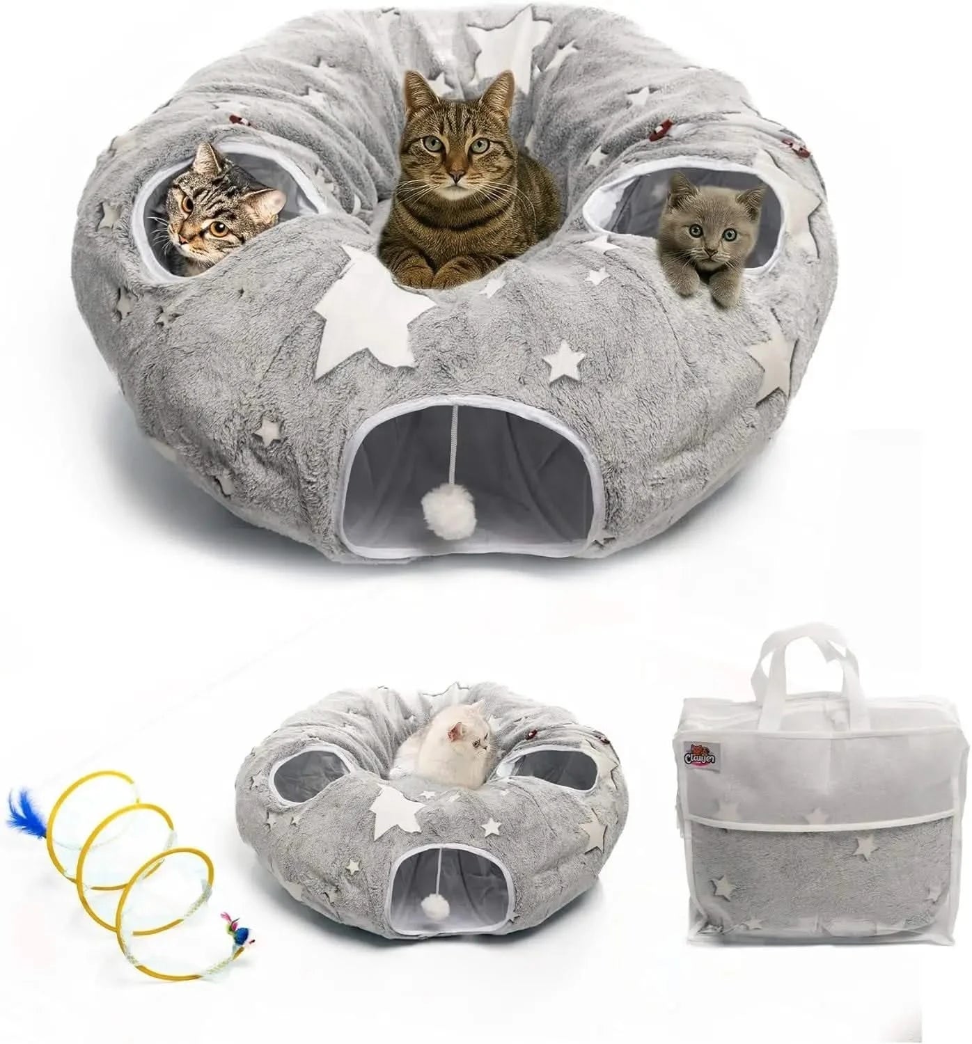 Luxurious Plush Interactive Donut Cat Tunnel Bed with Dual Peekaboo Holes
