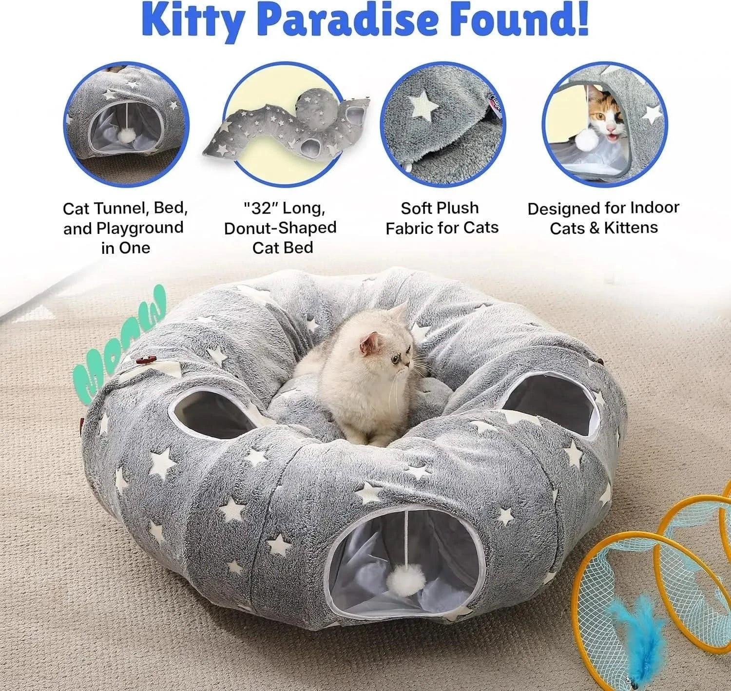 Luxurious Plush Interactive Donut Cat Tunnel Bed with Dual Peekaboo Holes