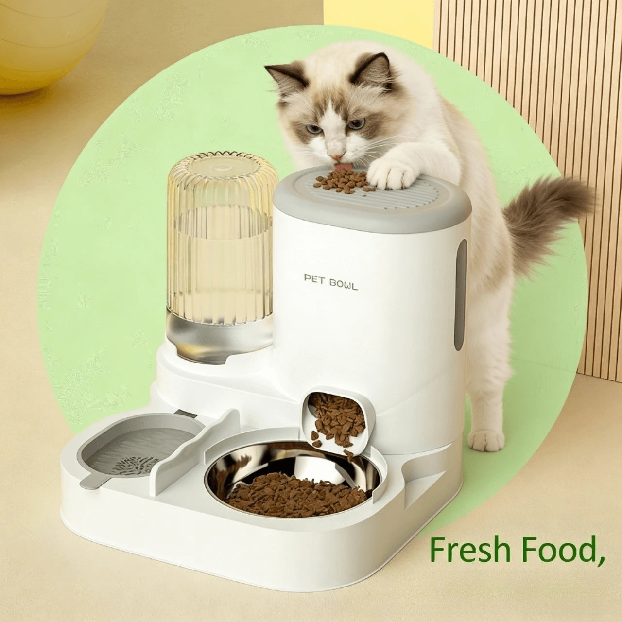 2-in-1 Automatic Cat Feeder & Water Dispenser – Stainless Steel Bowl, White